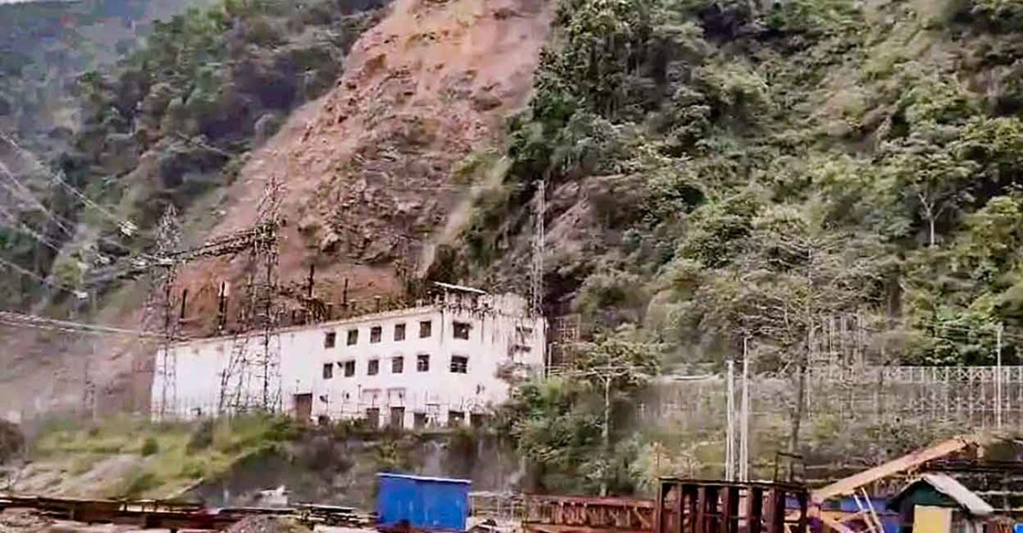 A portion of a mountain washes away during a landslide, at Dipu Dara near Singtam in Gangtok district, Tuesday. Screengrab shared by PTI