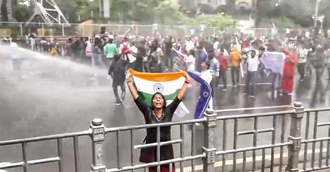 kolkata protest A water cannon being used by security personnel to disperse agitators during the 'Nabanna Abhijan,' to protest against the alleged sexual assault and murder of a trainee doctor. Photo: PTI