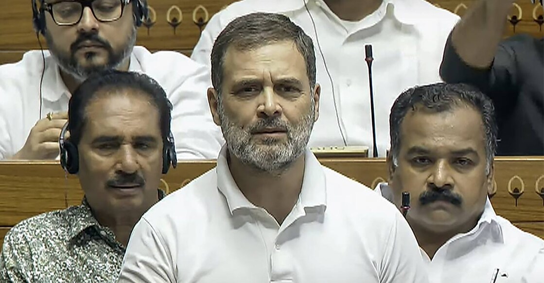 rahul-gandhi-lok-sabha-ls Leader of Opposition in Lok Sabha and Congress MP Rahul Gandhi speaks in the House during the Monsoon session of Parliament, in New Delhi, Wednesday, Aug. 7, 2024. Photo: PTI.