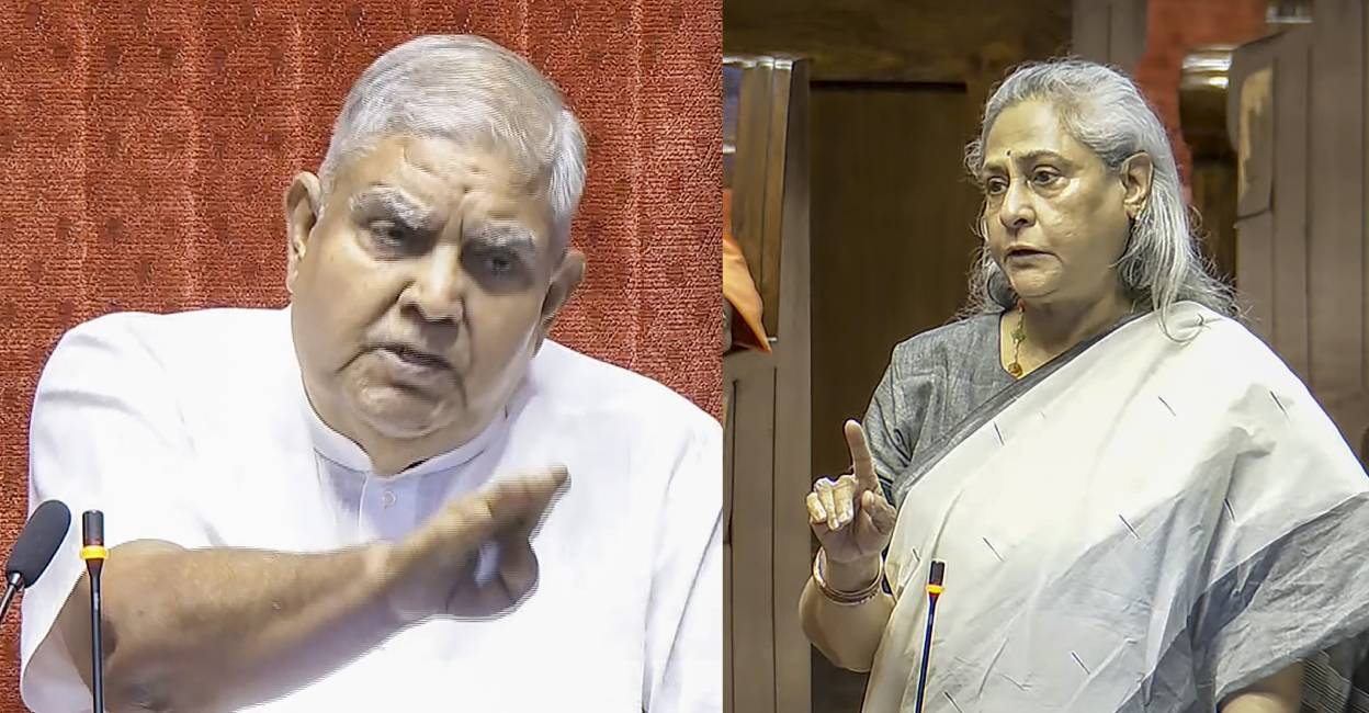 Rajya Sabha Chairman Jagdeep Dhankhar and  Samajwadi Party MP Jaya Bachchan. Photo: PTI