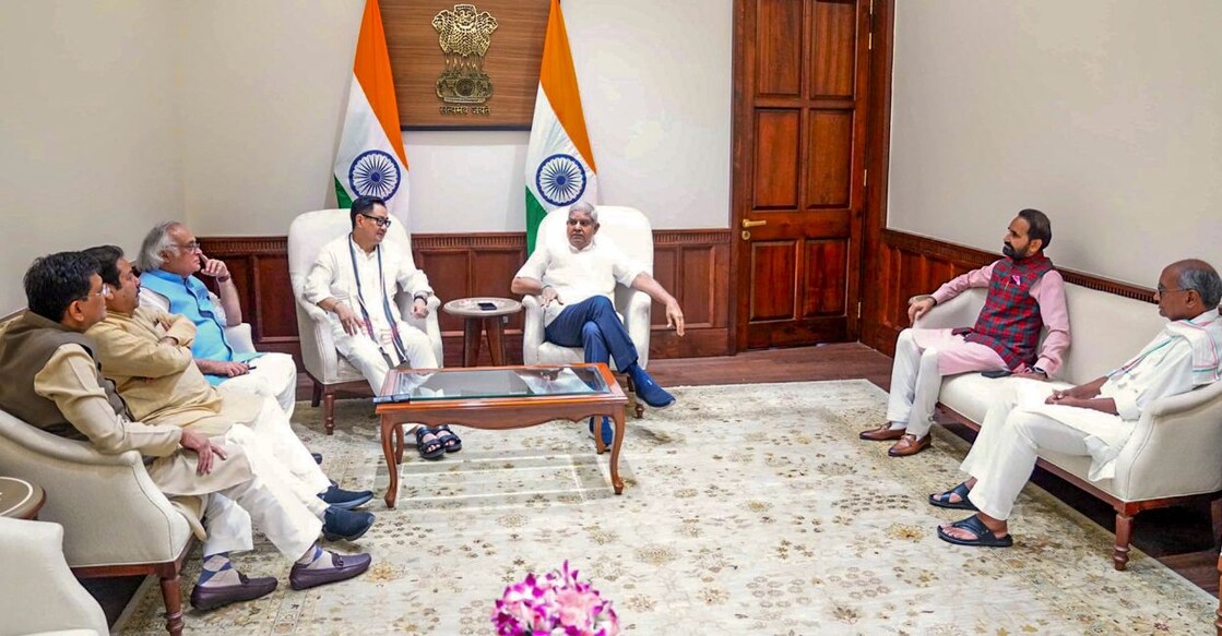 Vice President and Rajya Sabha Chairman Jagdeep Dhankhar with Union Ministers Kiren Rijiju and Piyush Goyal, and Congress MPs Jairam Ramesh, Rajeev Shukla, Digvijaya Singh and Shaktisinh Gohil during a meeting in his chamber at Parliament House, in New Delhi, Thursday, August 8, 2024. Photo: PTI