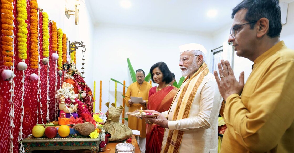 Prime Minister Narendra Modi attends 'Ganpati Poojan' at the residence of Chief Justice of India DY Chandrachud, in New Delhi, Wednesday, Sept. 11, 2024. Photo: PTI. 