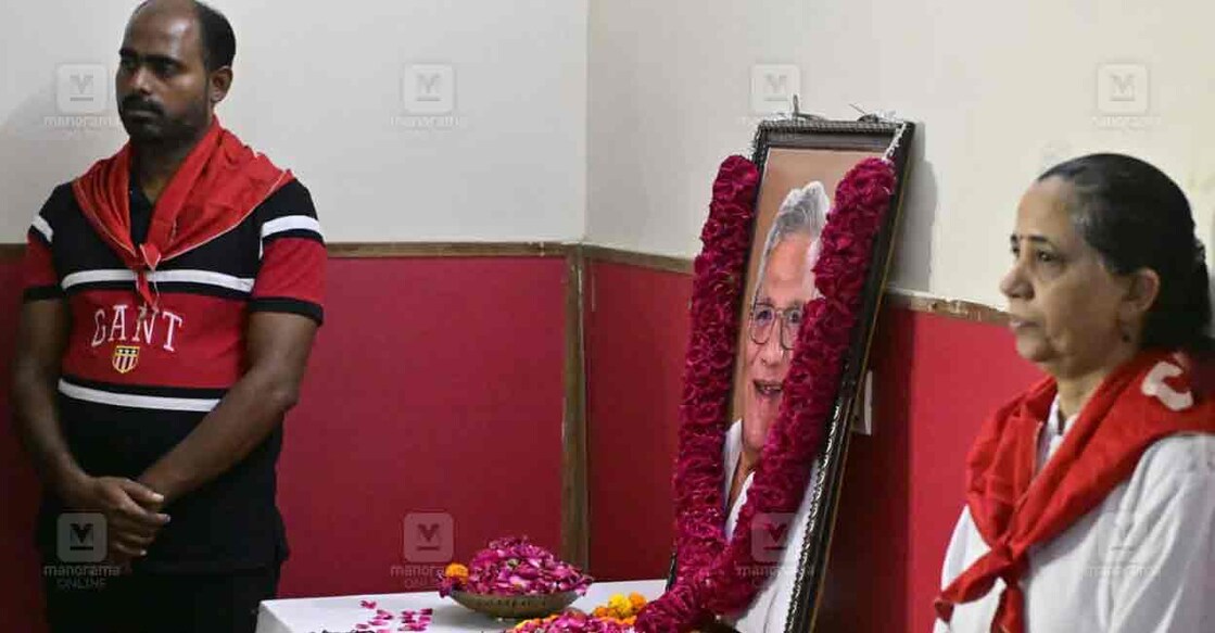 Sitaram Yechury's portrait at AKG Bhavan in Delhi. Photo: Josekutty Panackal/Manorama