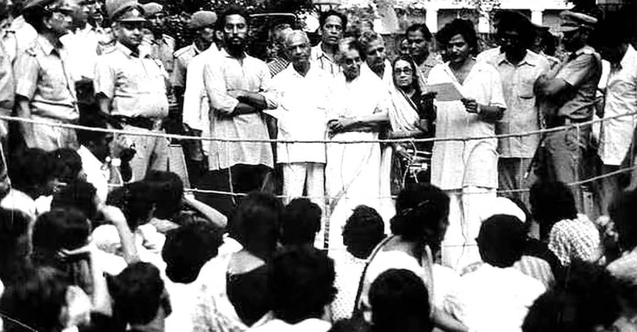 This  photograph of the JNU students surrounding Gandhi and a young Yechury reading out the memorandum is a part of history. File Photo: Manorama