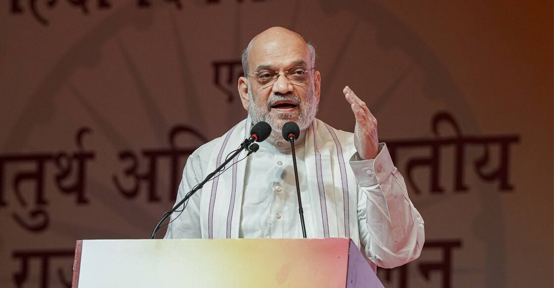 Union Home Minister Amit Shah addresses the gathering at the Akhil Bhartiya Rajbhasha Sammelan on the occasion of Hindi Diwas, in New Delhi, Saturday, Sept. 14, 2024. Photo: PTI. 
