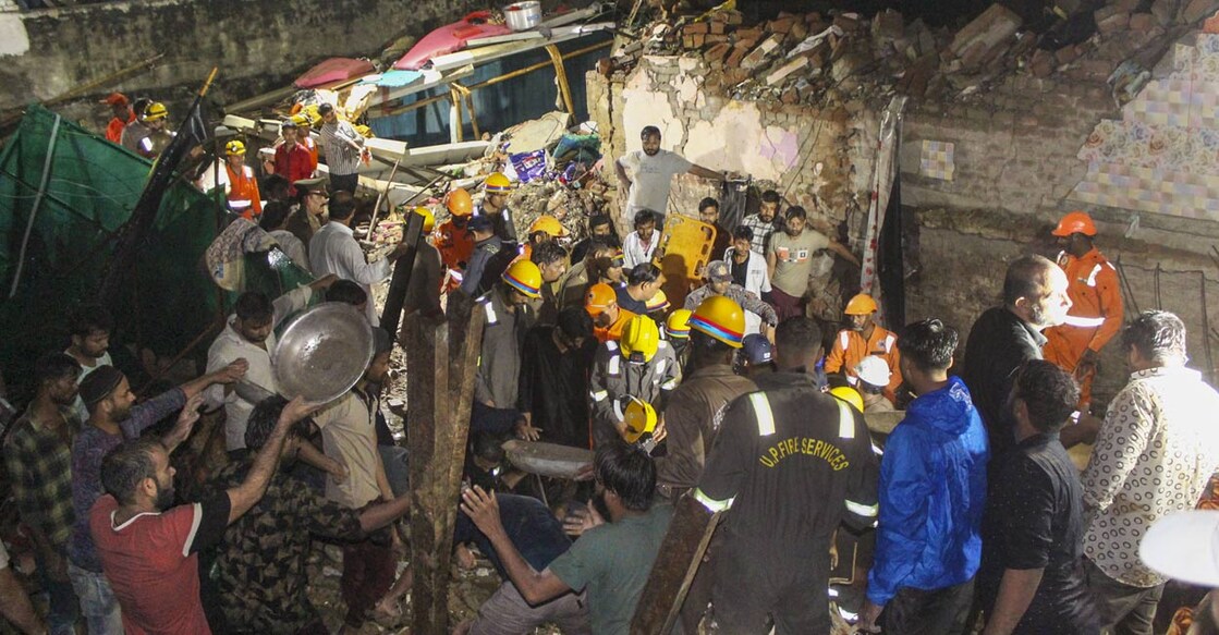 Rescue operation underway after a house collapsed, in Meerut, Saturday, Sept. 14, 2024. Photo: PTI. 