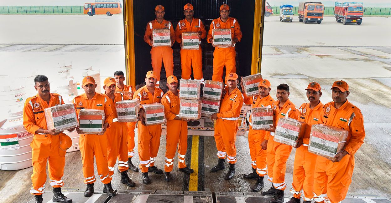 Security personnel dispatch relief material to Typhoon Yagi-hit Myanmar, Vietnam and Laos. Photo: PTI