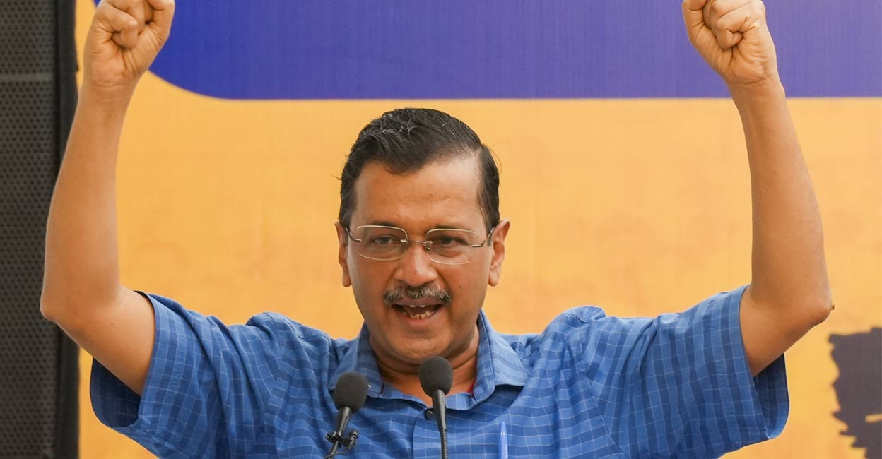 Delhi Chief Minister Arvind Kejriwal addresses a party workers' meeting in New Delhi on Sunday, Sept. 15, 2024. Photo: PTI. 