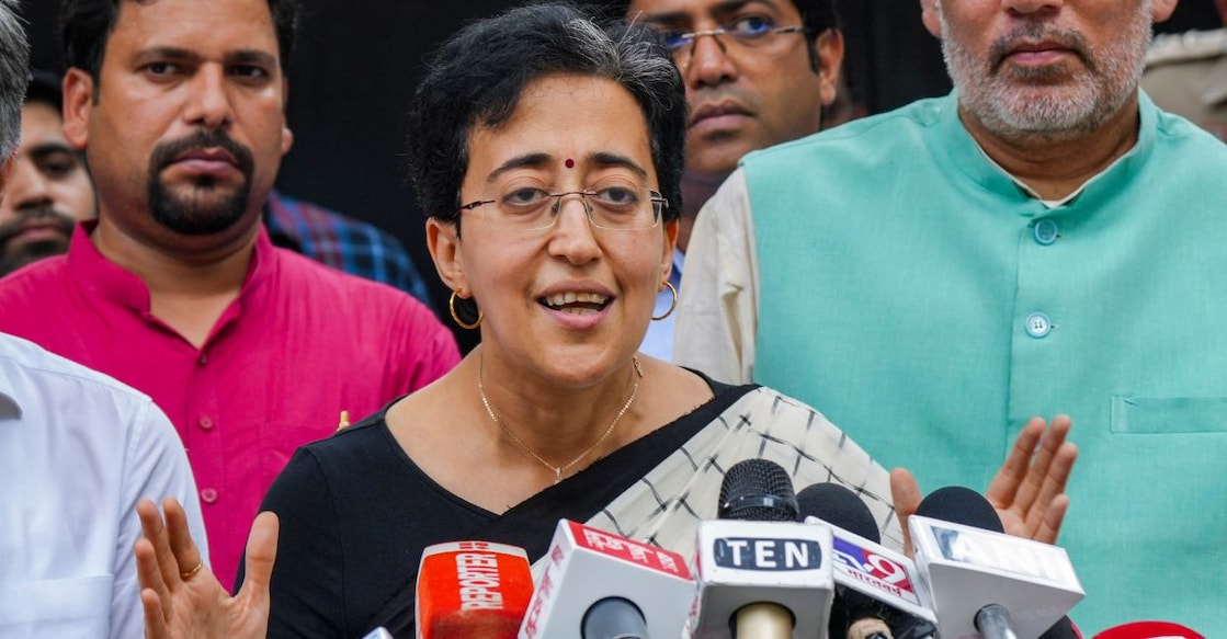 Delhi Minister Atishi addresses the media after a meeting of the AAP legislative party. Photo: PTI