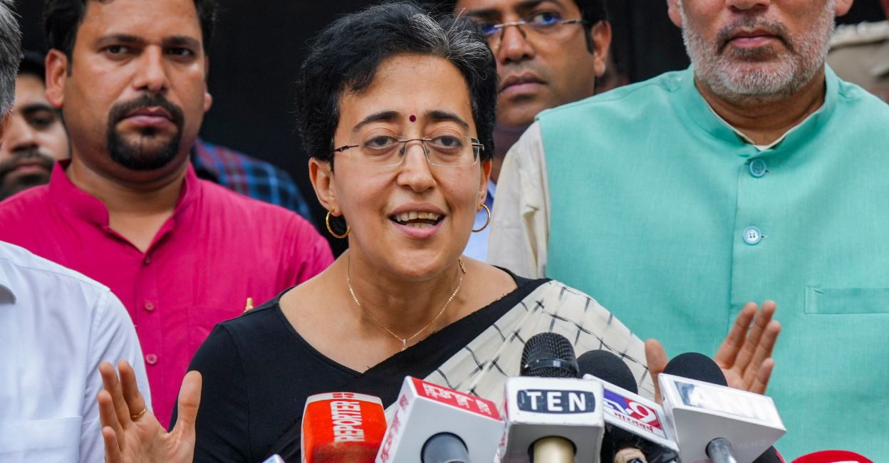 Delhi Minister Atishi addresses the media after a meeting of the AAP legislative party. Photo: PTI