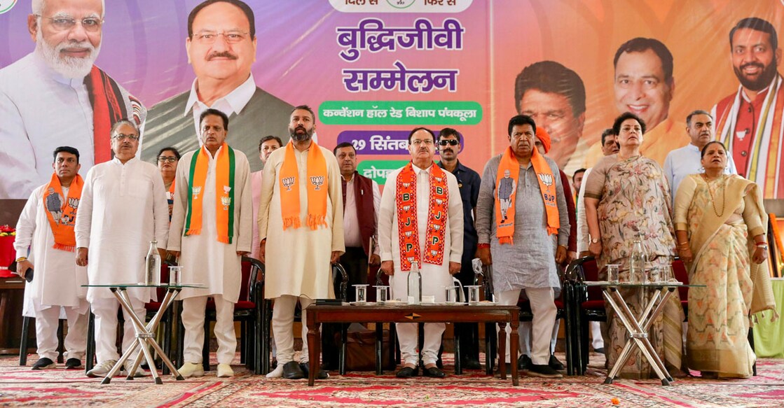 BJP National President and Union Minister JP Nadda at intellectuals conference ahead of the Haryana Assembly elections, in Panchkula. Photo: PTI