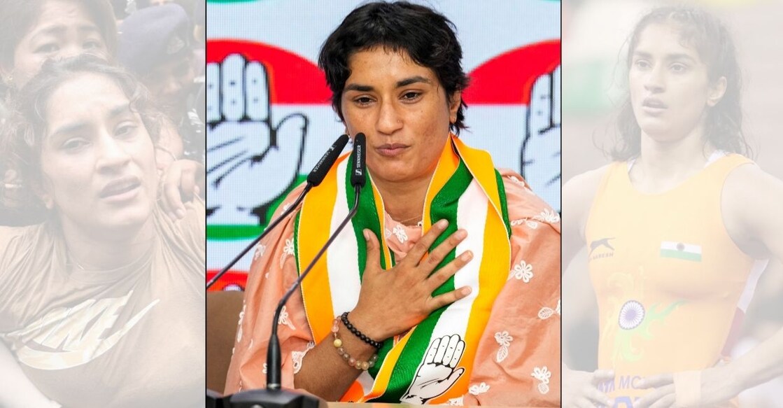 Wrestler Vinesh Phogat addresses the media after joining Congress at AICC headquarters in New Delhi on Friday. Photo: PTI