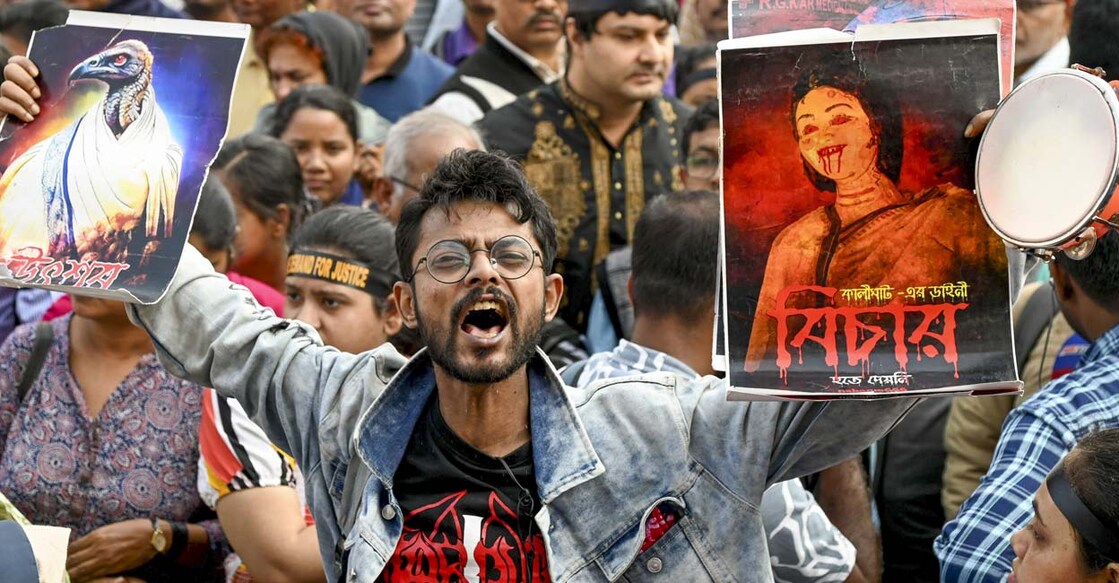  A member of 'Abhaya Mancha' during a protest in Kolkata on Saturday. Photo: PTI