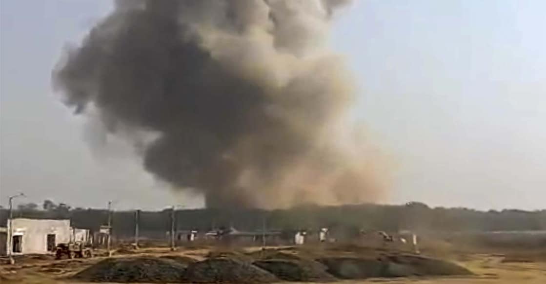 A blast is seen afar at the ordnance factory in Bhandara district, Maharashtra. Photo: PTI