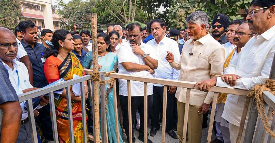 Andhra Pradesh Chief Minister N Chandrababu Naidu visits the site of the stampede that occured on Wednesday, in Tirupati, Andhra Pradesh. Photo: @JaiTDP on X/PTI