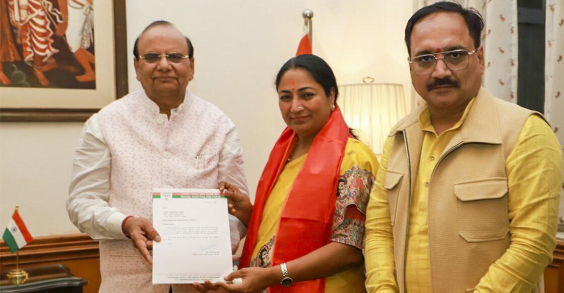 Delhi Lieutenant Governor V K Saxena during a meeting with BJP leader and Chief Minister-designate Rekha Gupta accompanied by Delhi BJP President Virendra Sachdeva, at the Raj Niwas, in New Delhi. Photo: @LtGovDelhi on X via PTI