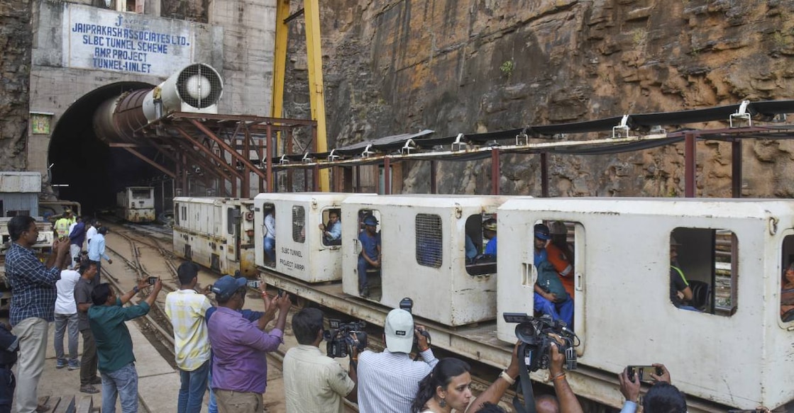 Rescue operation underway to extricate eight persons who have remained trapped for over 30 hours inside a tunnel after a section of it collapsed in the SLBC project, in Nagarkurnool district, Telangana. Photo: PTI