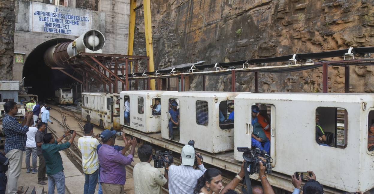 Rescue operation underway to extricate eight persons who have remained trapped for over 30 hours inside a tunnel after a section of it collapsed in the SLBC project, in Nagarkurnool district, Telangana. Photo: PTI