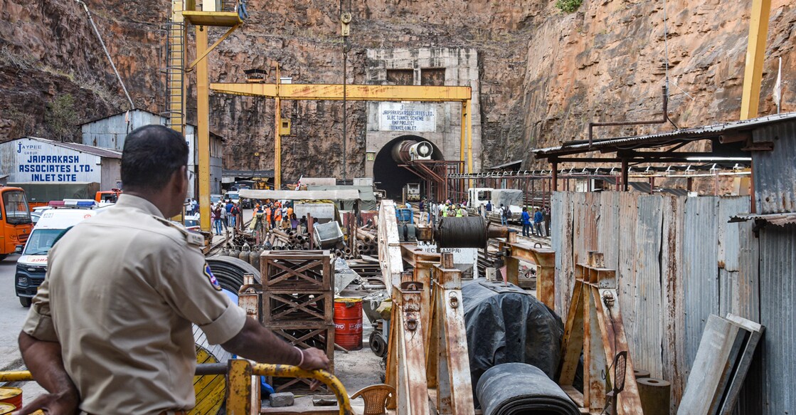 slbc tunnel Rescue operation is underway to extricate eight persons who have remained trapped for over 30 hours inside a tunnel after a section of it collapsed in the SLBC project. Photo: PTI
