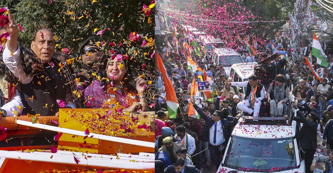 delhi poll Union Defence Minister Rajnath Singh with MP Bansuri Swaraj (Left), Priyanka Gandhi with party candidate Abhishek Dutt during a road show ahead of the Assembly polls. Photo: PTI/Kamal Singh