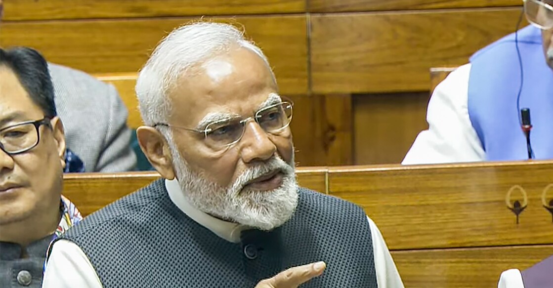 Prime Minister Narendra Modi replies to the Motion of Thanks to President's address in the Lok Sabha during the Budget session of Parliament, in New Delhi. Photo: Sansad TV via PTI.