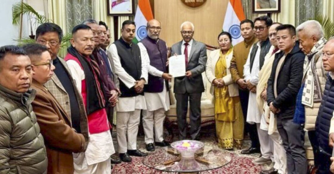 Manipur Chief Minister N Biren Singh with Governor Ajay Kumar Bhalla at Raj Bhavan, in Imphal. Photo: PTI