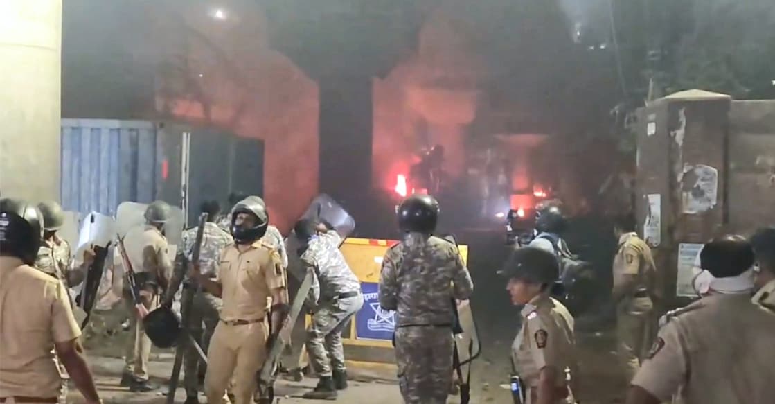 Police in action after clashes following the VHP-Bajrang Dal protest. Photo: PTI