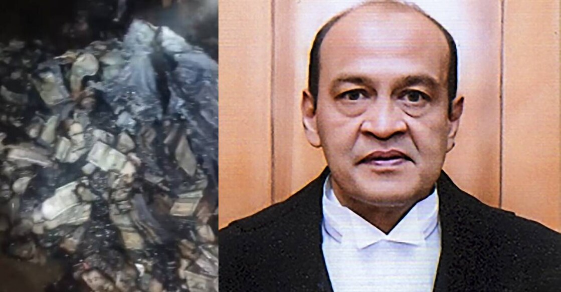 Burnt pile of cash at the store room of Justice Varma's residence (left) and Justice Varma (right). Photo: Screengrab from visuals shared by Supreme Court/ High Court