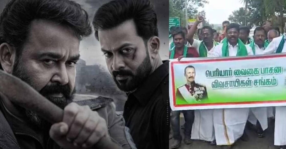 Empuraan movie poster (left) and Periyar Vaigai Farmers Association stages protest (right). Photo: Manorama News