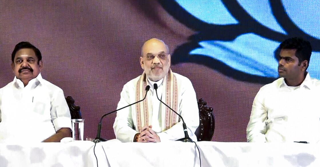 Union Home Minister Amit Shah with AIADMK general secretary Edappadi K Palaniswami and Tamil Nadu BJP President K Annamalai during a press conference. Photo: Special arrangement