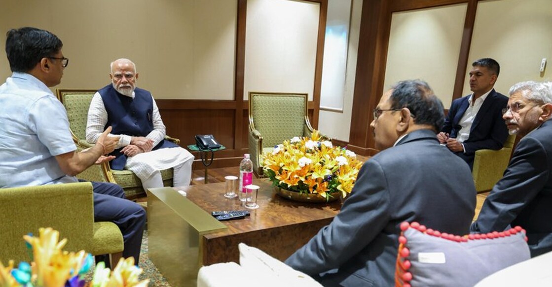 PM Modi meets NSA Doval and EAM Jaishankar at airport after returning from Saudi Arabia to review Pahalgam terror attack. Photo: IANS