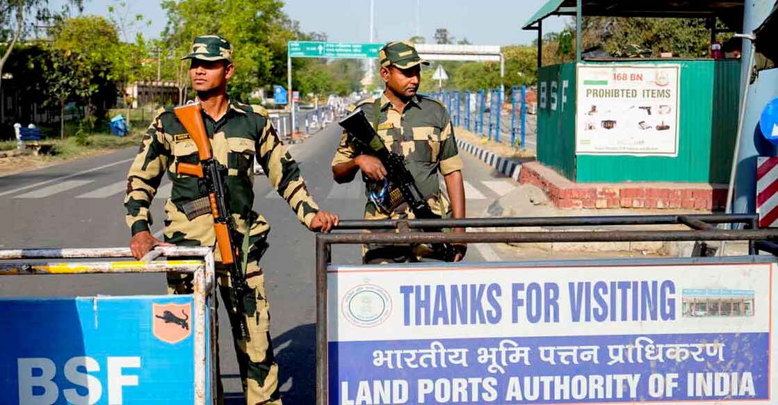 BSF personnel stand guard at the Integrated Check Post at Attari-Wagah border, near Amritsar, on April 25, 2025. Photo: PTI Photo/Shiva Sharma