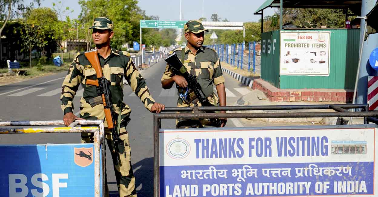 BSF personnel stand guard at the Integrated Check Post at Attari-Wagah border, near Amritsar, on April 25, 2025. Photo: PTI Photo/Shiva Sharma