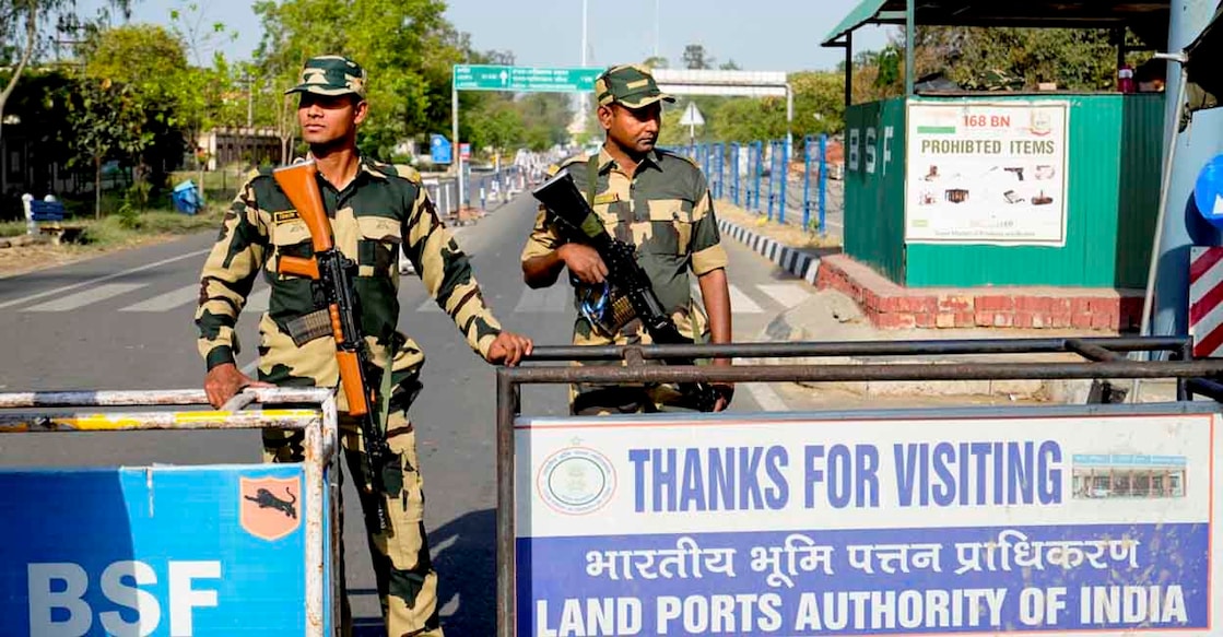 PTI04_25_2025_000037A BSF personnel stand guard at the Integrated Check Post at Attari-Wagah border, near Amritsar, on April 25, 2025. Photo: PTI Photo/Shiva Sharma