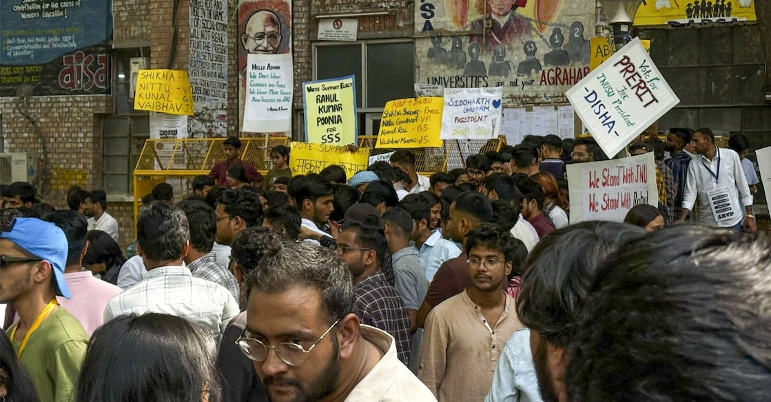 jnusu-polls Students during voting for the Jawaharlal Nehru University Students' Union (JNUSU) elections, in New Delhi, Friday, April 25, 2025. File Photo: PTI.