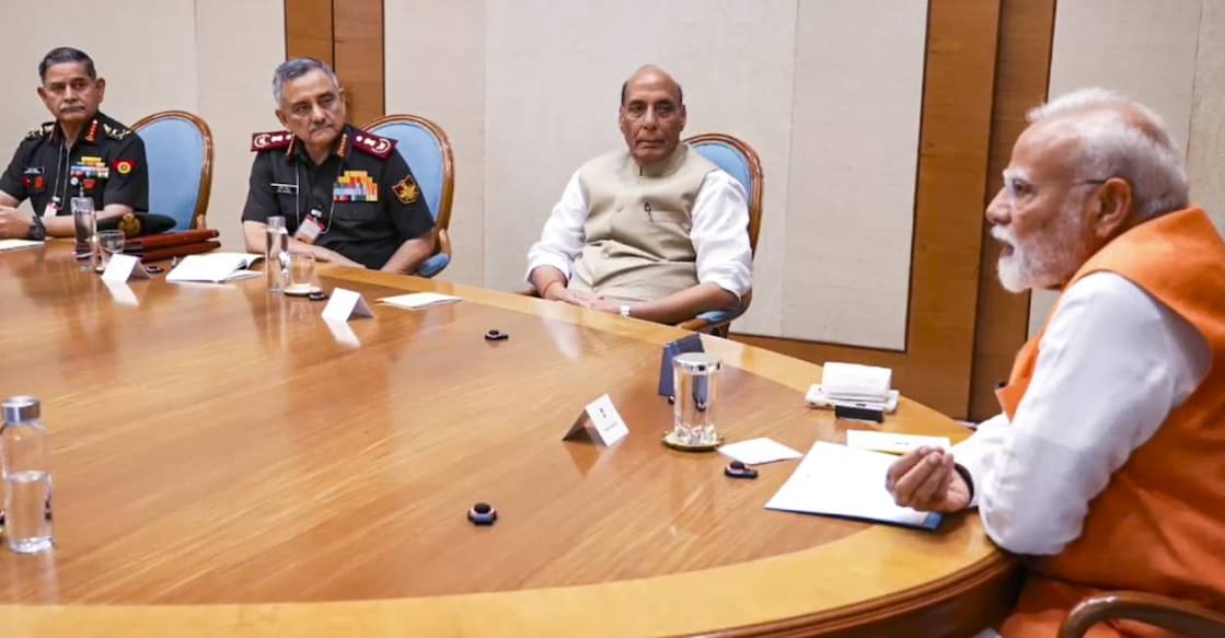 modi-meeting-pahalgam In this screenshot from a video released by PMO, Tuesday, April 29, 2025, Prime Minister Narendra Modi with Defence Minister Rajnath Singh, CDS General Anil Chauhan and Army Chief Gen. Upendra Dwivedi during a meeting in New Delhi. Photo: PMO via PTI