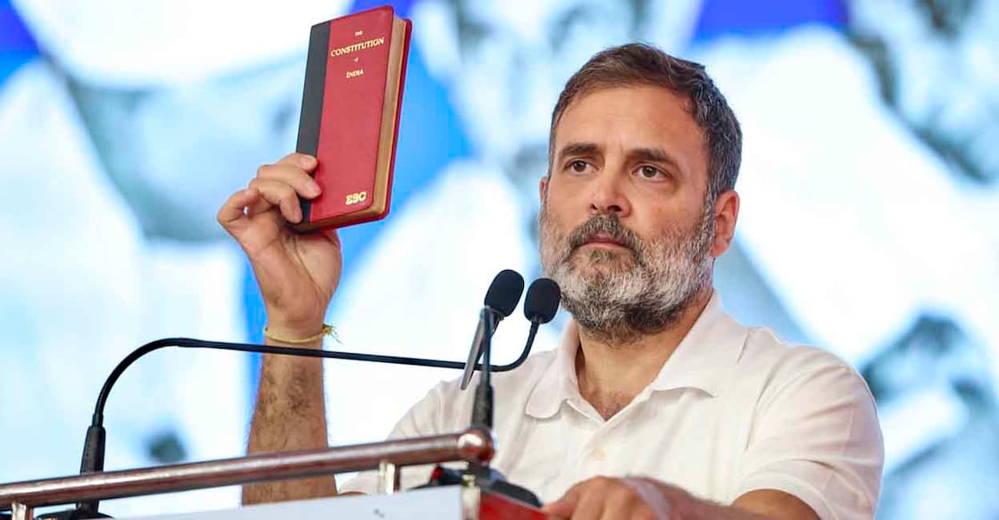 **EDS: THIRD PARTY IMAGE** In this image posted by @INCIndia via X on April 9, 2025, Congress leader Rahul Gandhi addresses the AICC session on the banks of the Sabarmati river, in Ahmedabad, Gujarat. (@INCIndia on X via PTI Photo) (PTI04_09_2025_000345B)
