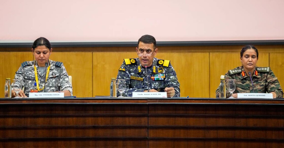 From left, Wing Commander Vyomika Singh, Cmde. Raghu R Nair, NM and Colonel Sofiya Qureshi during a special briefing on Operation Sindoor, in New Delhi, Saturday. Photo: PTI