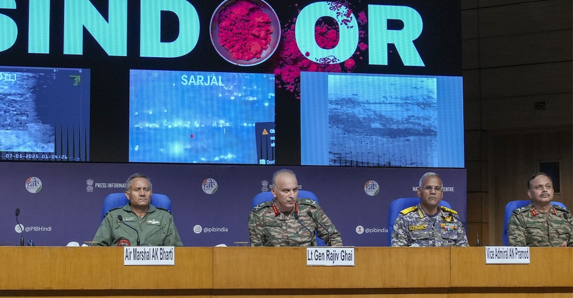 Director General of Military Operations (DGMO) Lt General Rajiv Ghai with Air Marshal AK Bharti, Vice Admiral AN Pramod and Major General SS Sharda during a press conference on 'Operation Sindoor', in New Delhi, Sunday, May 11, 2025. Photo: PTI/Shahbaz Khan