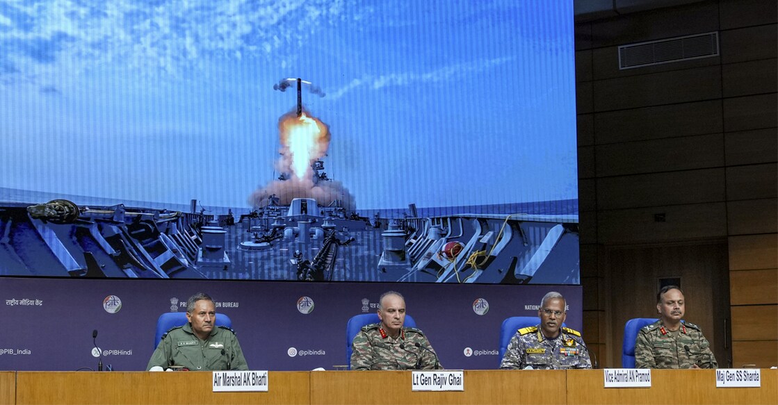 DGMO Lt General Rajiv Ghai with Air Marshal AK Bharti, Vice Admiral AN Pramod and Major General SS Sharda during a press conference on 'Operation Sindoor', in New Delhi, Sunday, May 11, 2025. Photo: PTI/Shahbaz Khan
