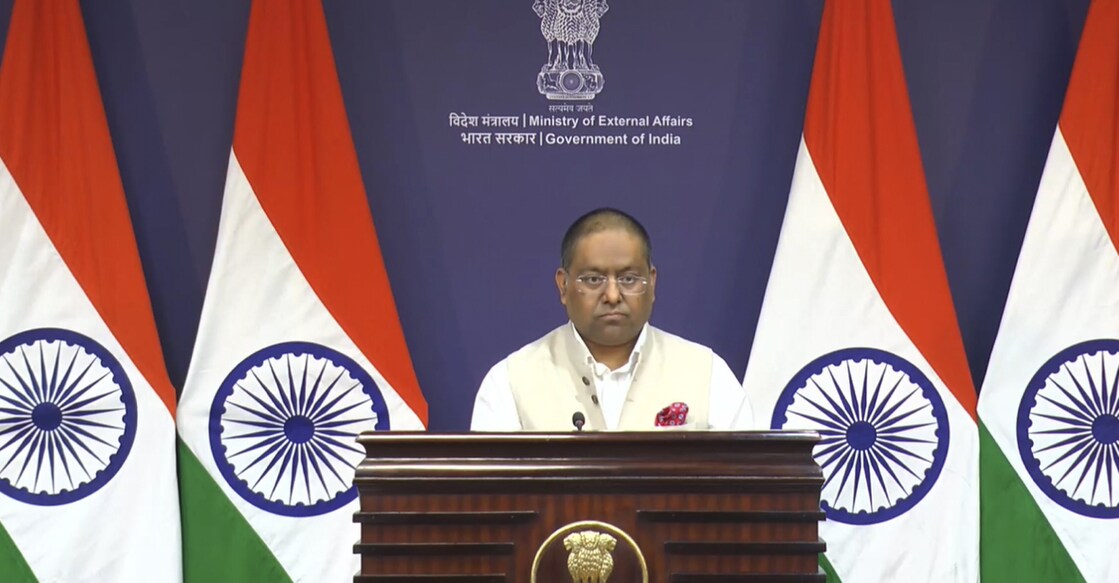 Ministry of External Affairs official spokesperson Randhir Jaiswal addresses a press conference, in New Delhi, Tuesday, May 13, 2025. Photo: PTI/@MEAIndia