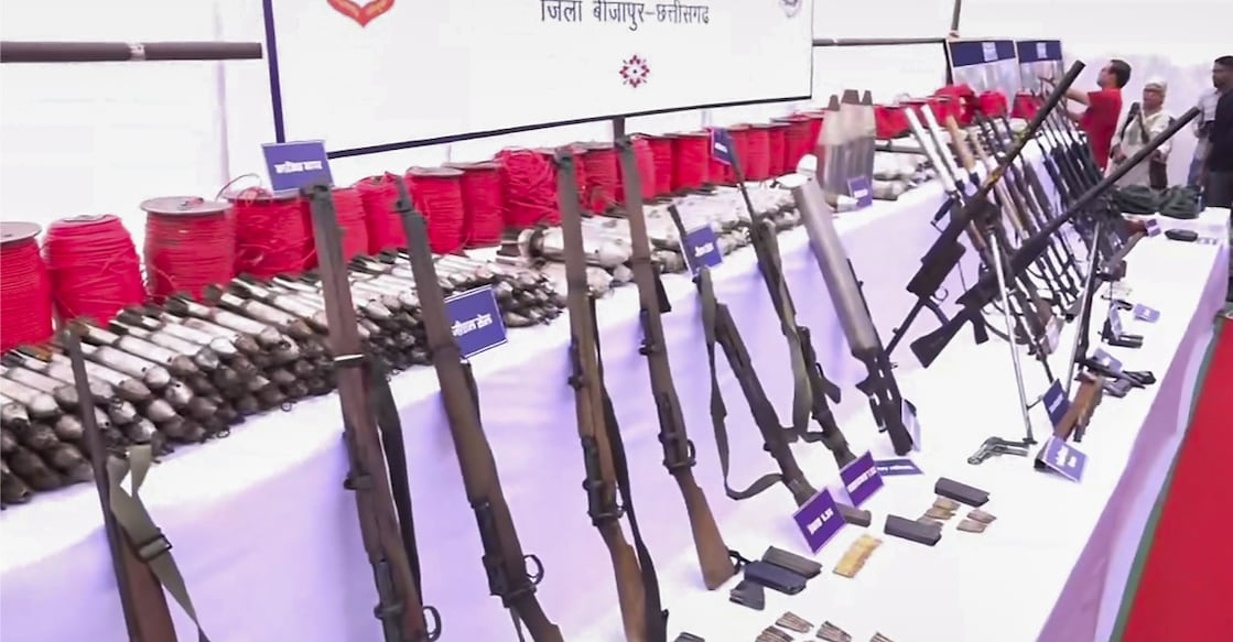 maoist-weapons-chhattisgarh Weapons seized by police after anti-Naxal operations, on display in Bijapur, Chhattisgarh. Photo: PTI
