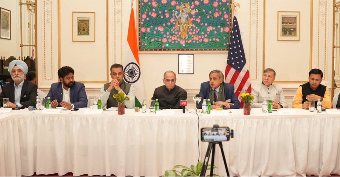 A multi-party delegation including Congress MP Shashi Tharoor, Shiv Sena MP Milind Deora, former diplomat Taranjit Sandhu and others engage with prominent think tanks, academic leaders, and media in New York. Photo: PTI