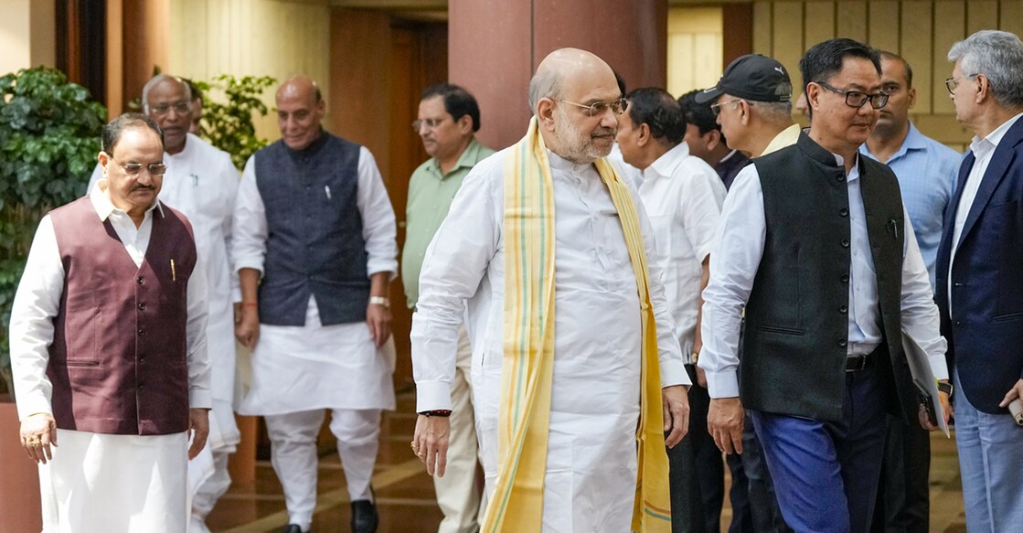 Union Ministers Amit Shah, Kiren Rijiju, JP Nadda, Rajnath Singh and Congress President Mallikarjun Kharge arrive to attend the all-party meeting regarding in New Delhi on Thursday. Photo: PTI