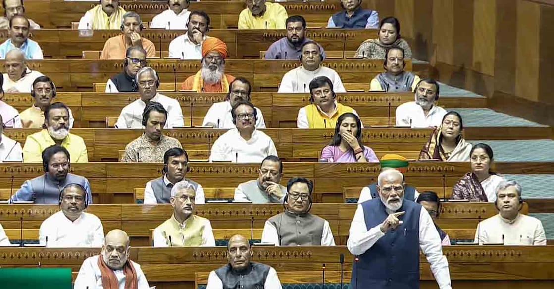 Prime Minister Narendra Modi speaks in the Lok Sabha during the Special session of Parliament, in New Delhi, Thursday, April 16, 2026. Photo: Sansad TV via PTI