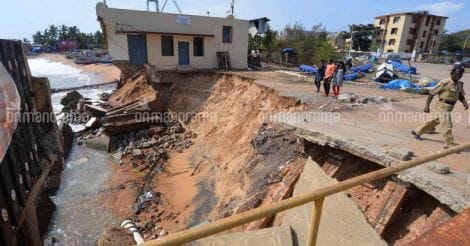 High waves rip apart Valiathura pier near shore