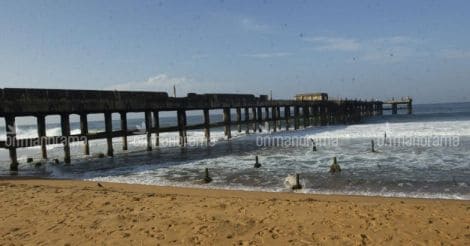 High waves rip apart Valiathura pier near shore