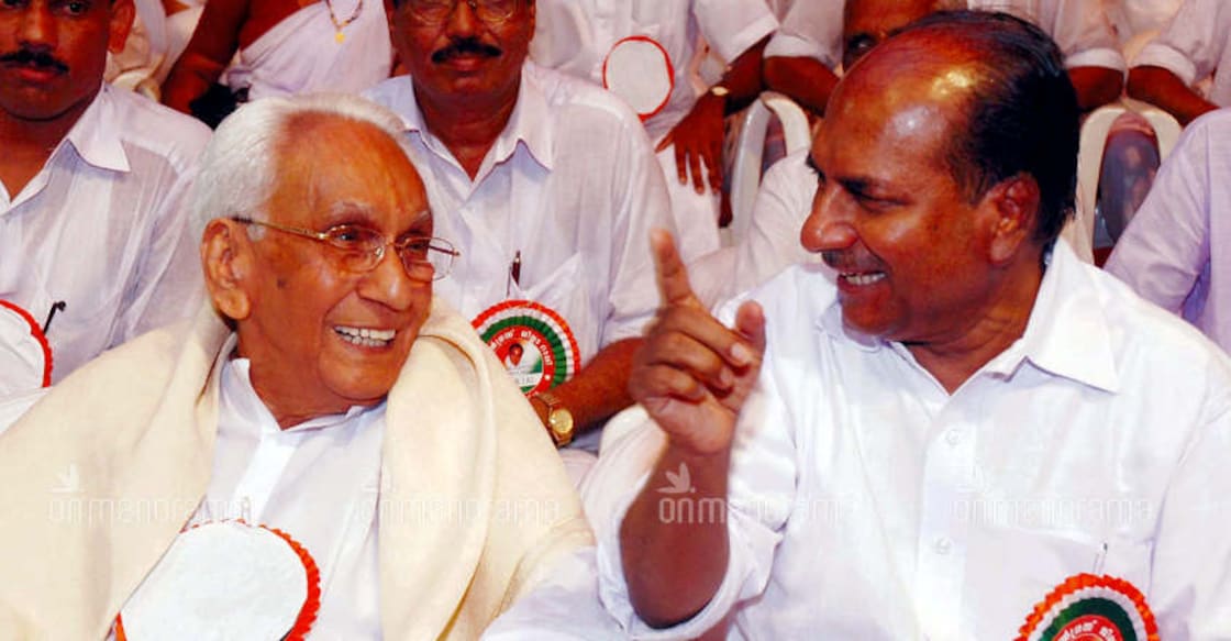 karunakaran-antony Karunakaran with Antony during a party meeting. File photo
