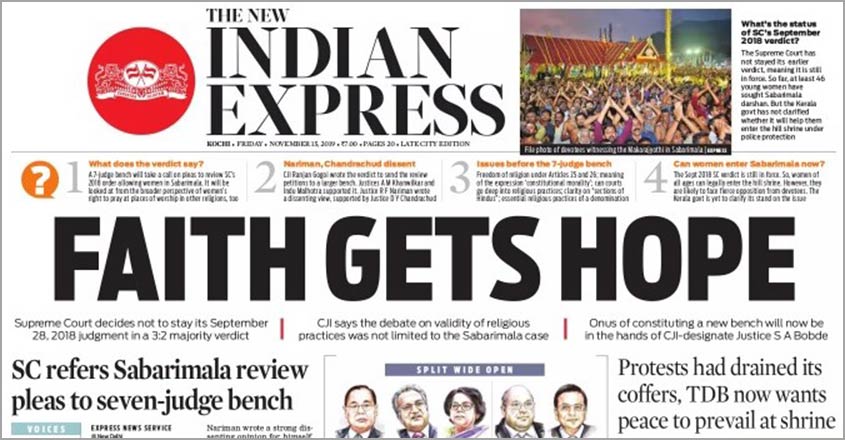 'Faith gets hope': How English newspapers reported Sabarimala verdict 'Faith gets hope': How English newspapers reported Sabarimala verdict