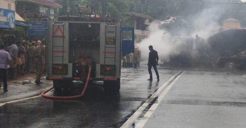 KSRTC bus catches fire after collision with lorry in Kollam KSRTC bus catches fire after collision with lorry in Kollam